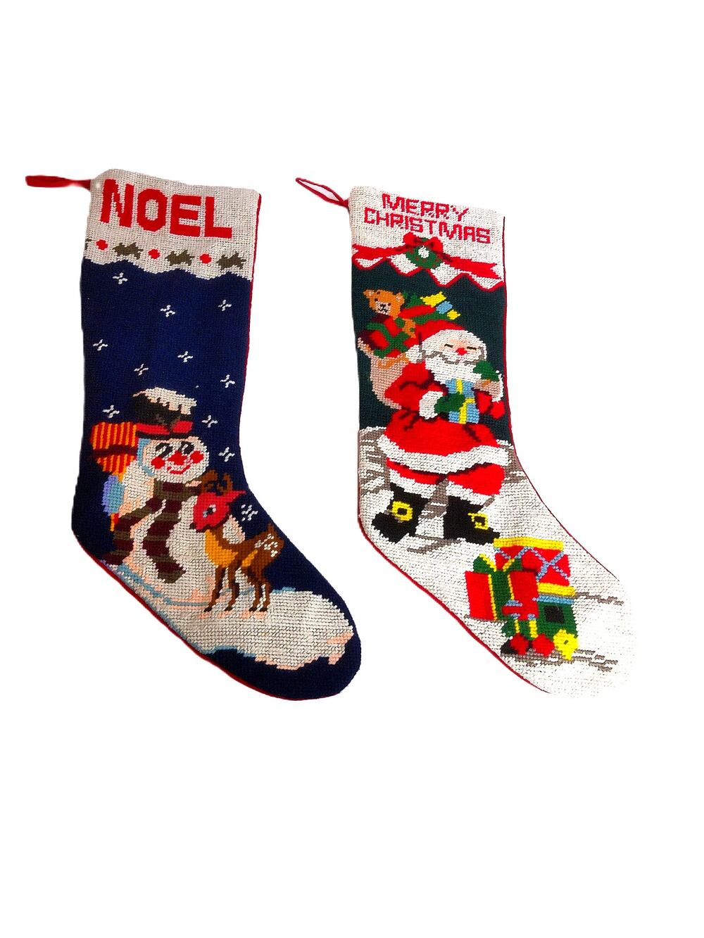 Vintage Needlepoint Christmas Stockings Santa & Snowman Set